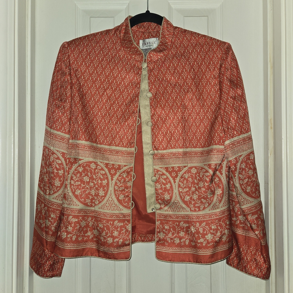 100% Silk Orange Jacket Top with Gold Detailing - Papell Vintage